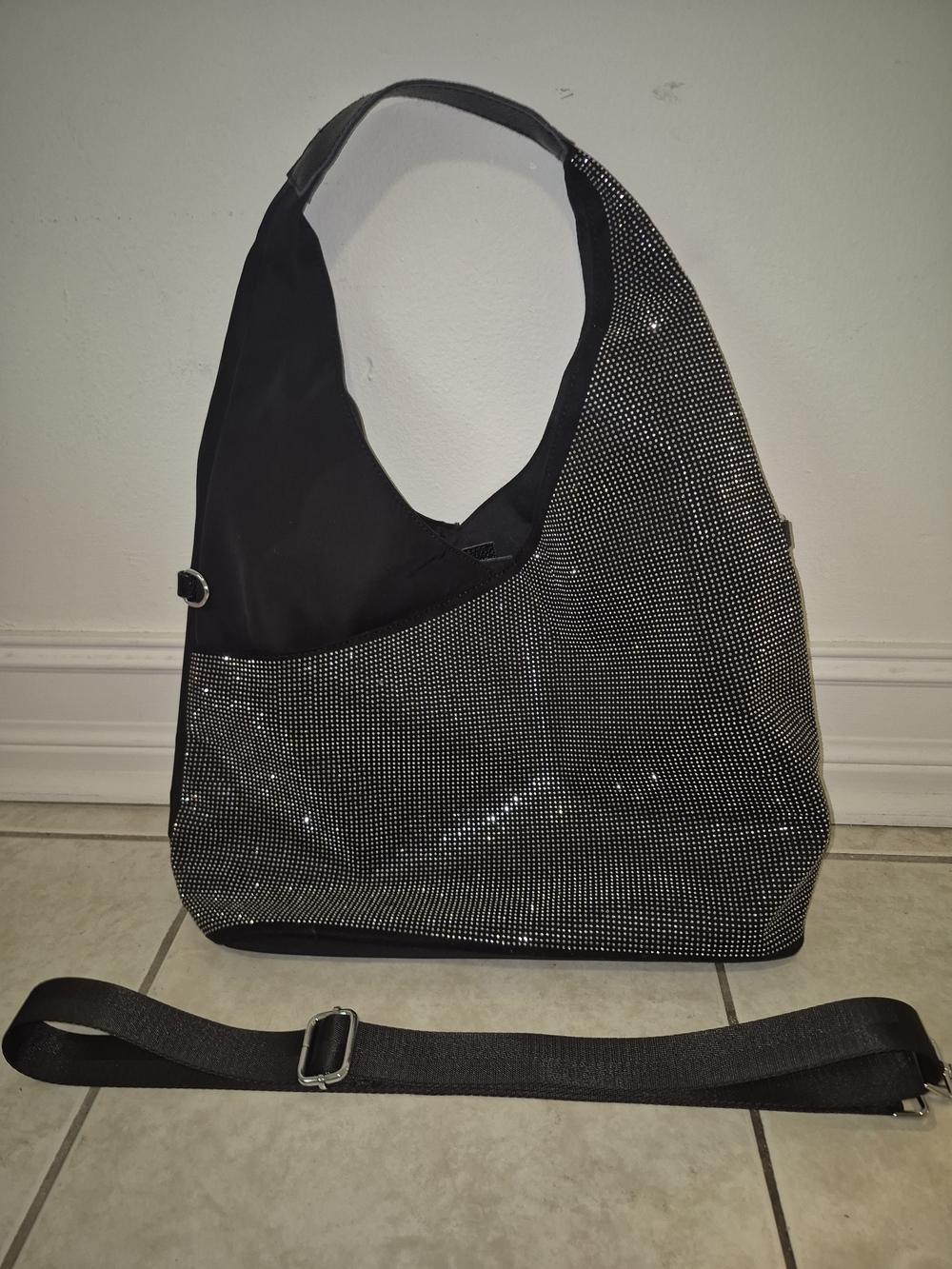 Cute Black Rhinestone-Accent Hobo Shoulder Bag w/ Detachable Strap and Makeup